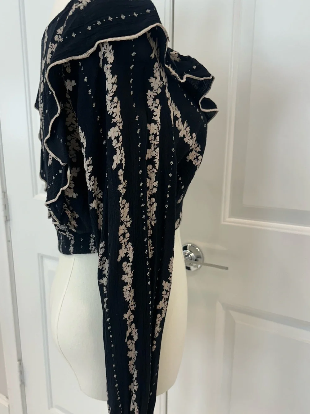 Free People Lolita Navy and Cream Patterned Detail Cropped Boho Style -Top Only